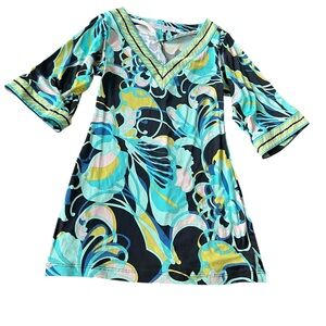 Trina Turk mod print patterned blue green and black silk sheath dress size 4